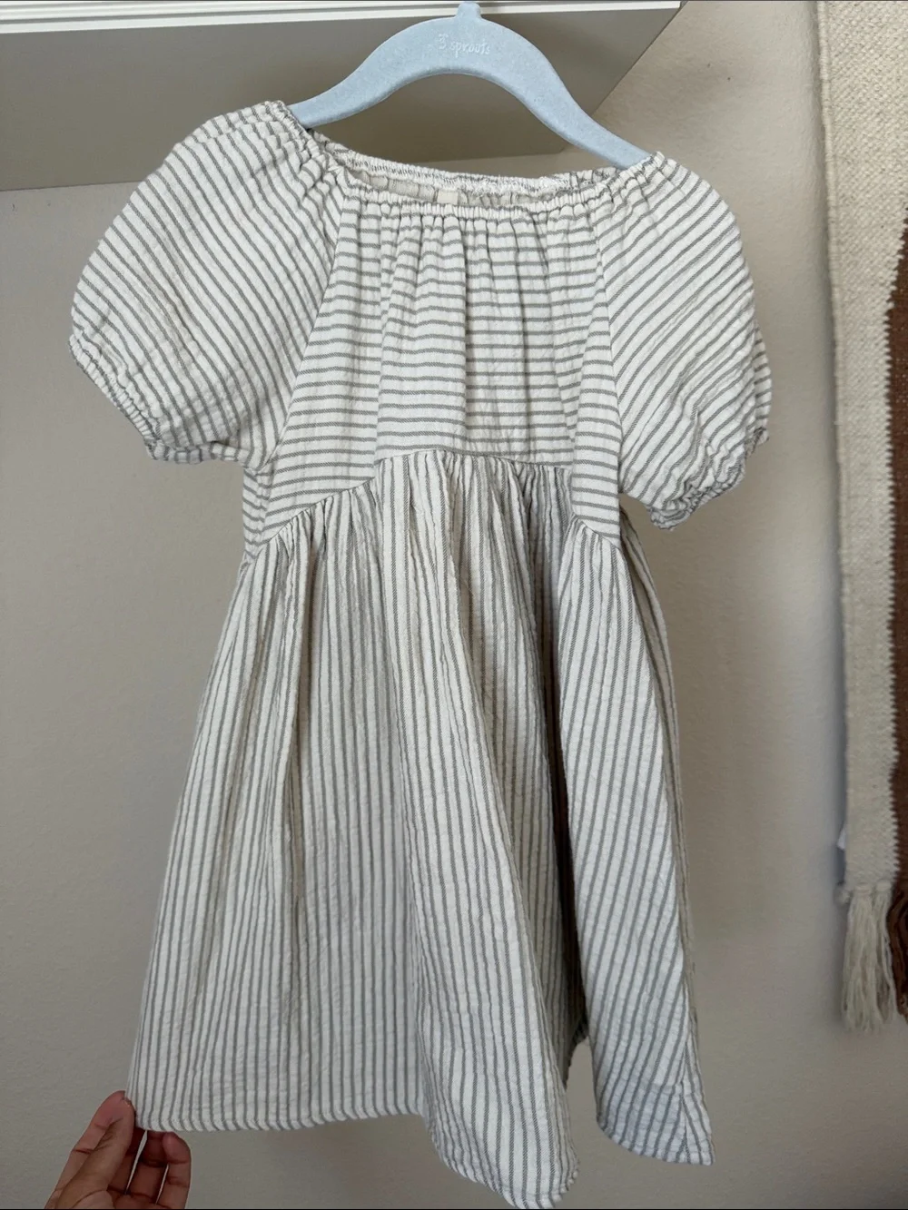 Quincy Mae Bella Dress in Basil Stripe Puff Sleeve Dress